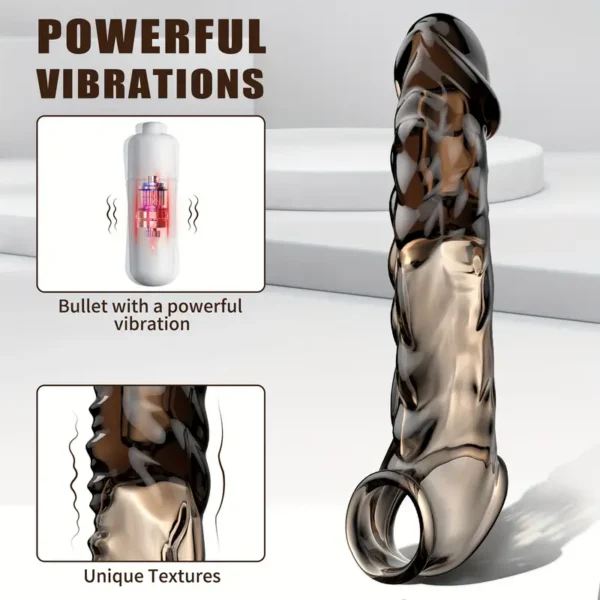 The Silicone Penis Sheath with Delay Ring, with a non-slip dual-hole design, is a male adult sex toy designed to delay ejaculation, equipped with a vibrating realistic glans and veins.