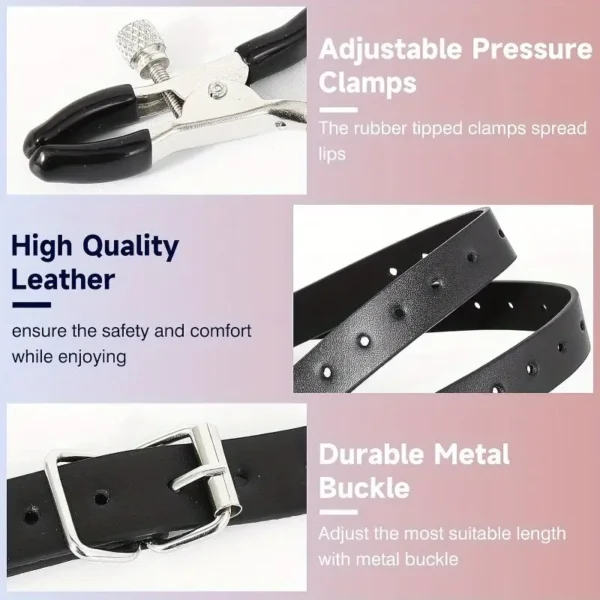 Labia Spreader for Women, BDSM Body Clamps Nipple Clamps Adjustable Imitation Leash Rubber Tips, Fetish Bondage Stimulator Role Play Adult Sex Toys 15-27 Inch, Black - Image 4