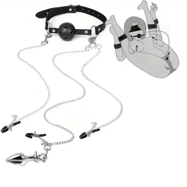 1 piece bondage bondage toy set with breathable ball gag nipple clamps clitoral clamps and butt plug - Image 4