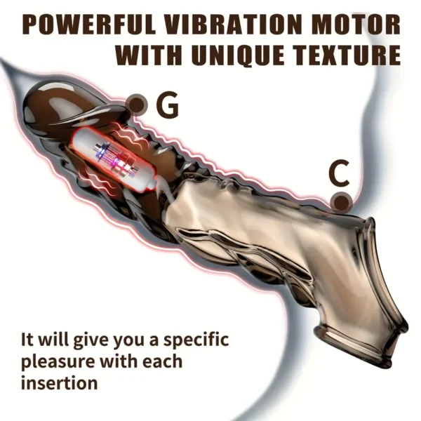 The Silicone Penis Sheath with Delay Ring, with a non-slip dual-hole design, is a male adult sex toy designed to delay ejaculation, equipped with a vibrating realistic glans and veins. - Image 3