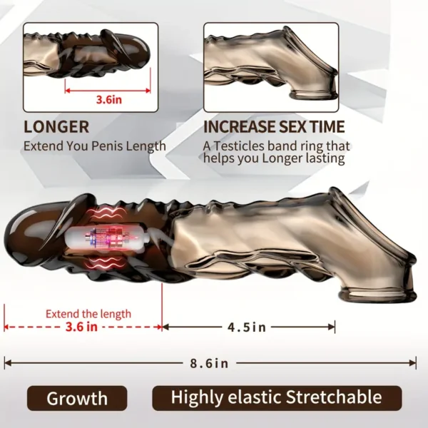The Silicone Penis Sheath with Delay Ring, with a non-slip dual-hole design, is a male adult sex toy designed to delay ejaculation, equipped with a vibrating realistic glans and veins. - Image 5