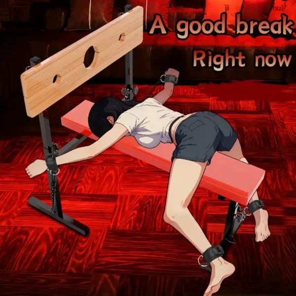 Adjustable BDSM saddle stool, iron and wood structure, equipped with hand and foot restraints, neck shackle, latex-free, suitable for adult role-playing and SM scenes, couple game furniture - Image 3