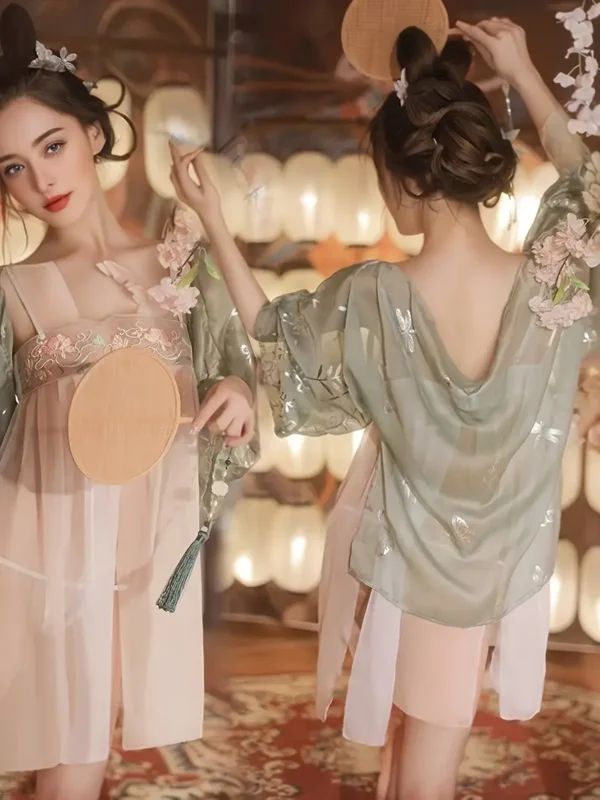1pc Elegant Transparent Chiffon Hanfu Women's Underwear Set - Sexy Belly Pocket Dress with Matching Thong, Traditional Ethnic Style, Polyester, Hand Washable - Image 3